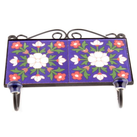 Navy Blue White Flower Tiles Hooks